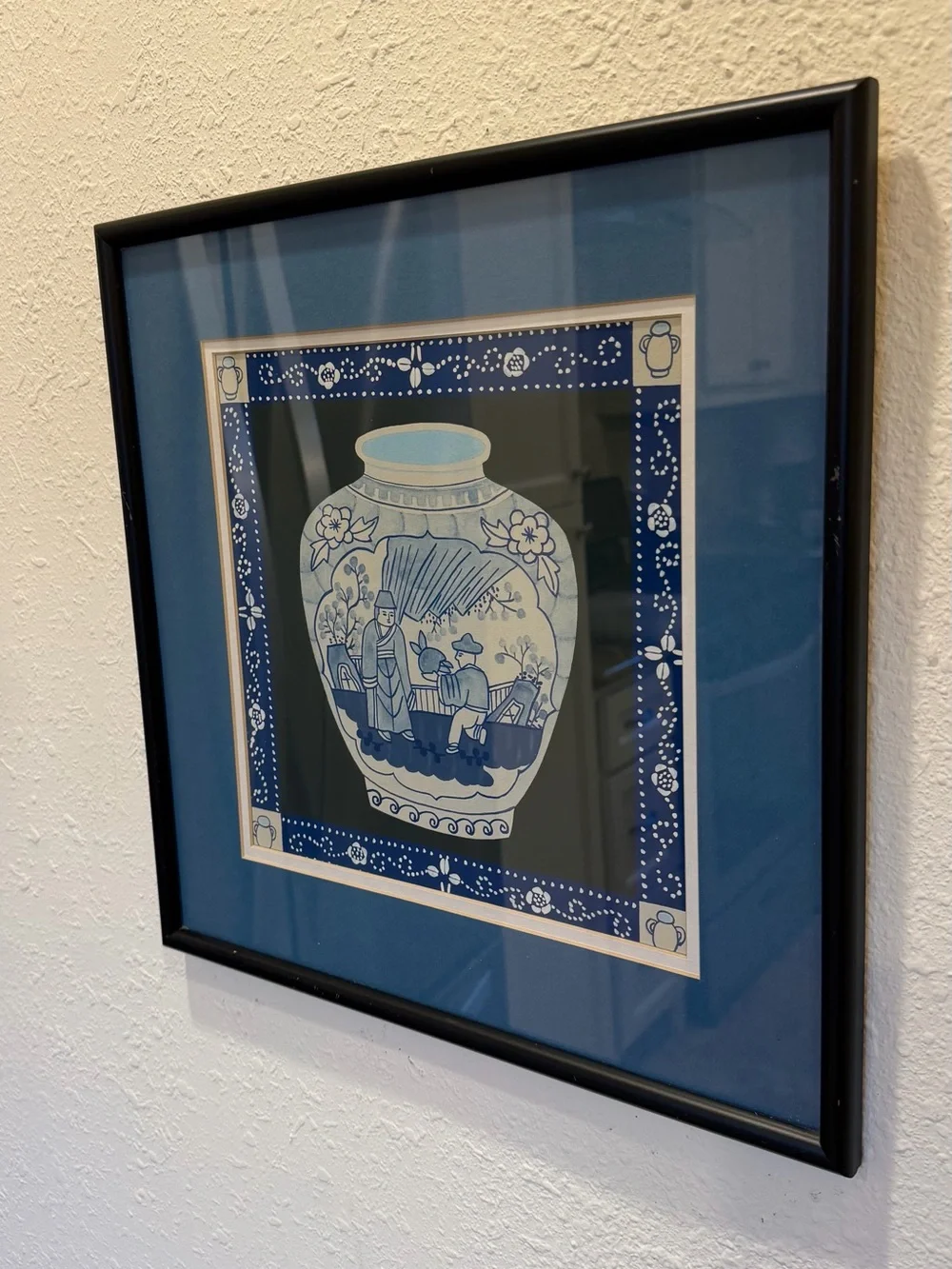 Framed Blue & White Chinoiserie Ginger Jar Art 15”